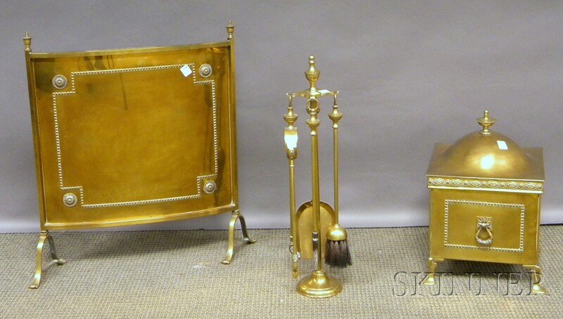 Regency-style Brass Coal Hod, Fireplace Screen, a: Regency-style Brass Coal Hod, Fireplace Screen, and Set of Four Tools with Stand.