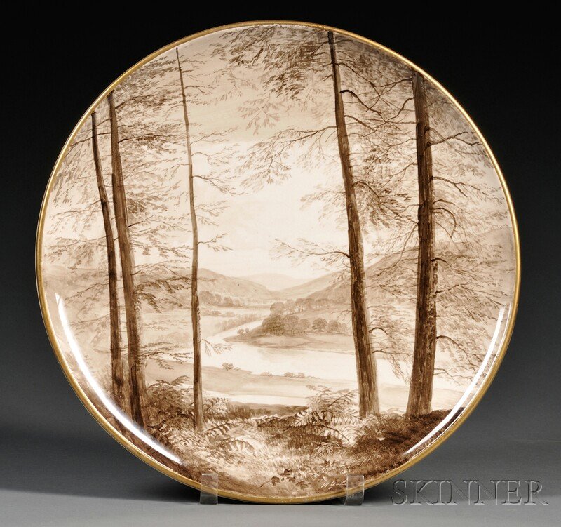 Copeland Pottery Charger Decorated by William Yal: Copeland Pottery Charger Decorated by William Yale, late 19th century, a view of the Vale of Avoca painted in sepia tones, signed "W. Yale" at bottom, with gilded edge, titled and with impressed maker