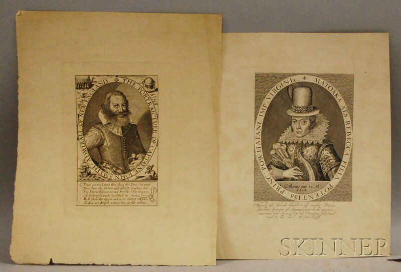 Two Unframed Portrait Etchings, depicting John Sm: Two Unframed Portrait Etchings, depicting John Smith and Pocahontas, and Rebecca of Powhatan, (toning), image sizes 5 7/8 x 3 5/8 and 6 5/8 x 4 3/8 in., respectively.