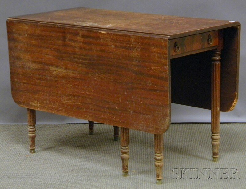 Federal-style Mahogany Drop-leaf Dining Table wit: Federal-style Mahogany Drop-leaf Dining Table with End Drawer, (damage).