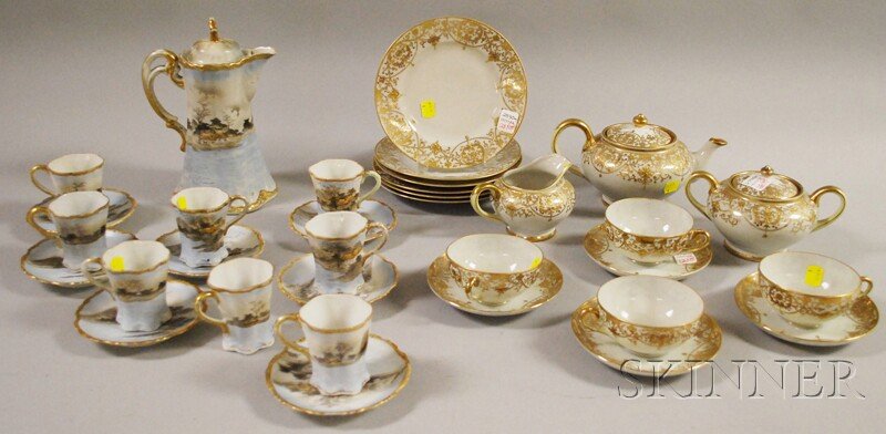 Seventeen-piece Nippon Gilt-decorated Porcelain P: Seventeen-piece Nippon Gilt-decorated Porcelain Partial Tea Set and a Sixteen-piece Japanese Hand-painted Landscape-decorated Porcelain Chocolate Set.