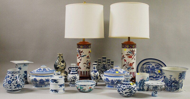 Seventeen Pieces of Assorted Asian Porcelain, inc: Seventeen Pieces of Assorted Asian Porcelain, including a pair of enamel-decorated cylindrical table lamps, a blue and white planter, six vases, a teapot, brush pot, bowl, tea canister, footed bowl, a