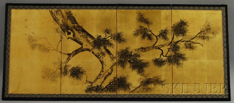 Japanese Ink Pine Branch-decorated Gold Leaf Four: Japanese Ink Pine Branch-decorated Gold Leaf Four-panel Table Screen, 20th century, (back with applied straping for fixed open and hanging, fold joints with small paper tears), ht. 20 1/4, wd. 47 in.