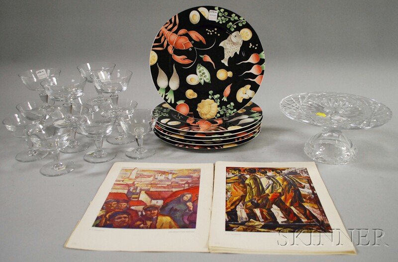Group of Modern Porcelain and Crystal Tableware a: Group of Modern Porcelain and Crystal Tableware and a 1960s Soviet Russian Art Exhibition Booklet, a set of six Villeroy & Boch Fruits De Mer pattern porcelain plates, a Waterford crystal cake pedesta