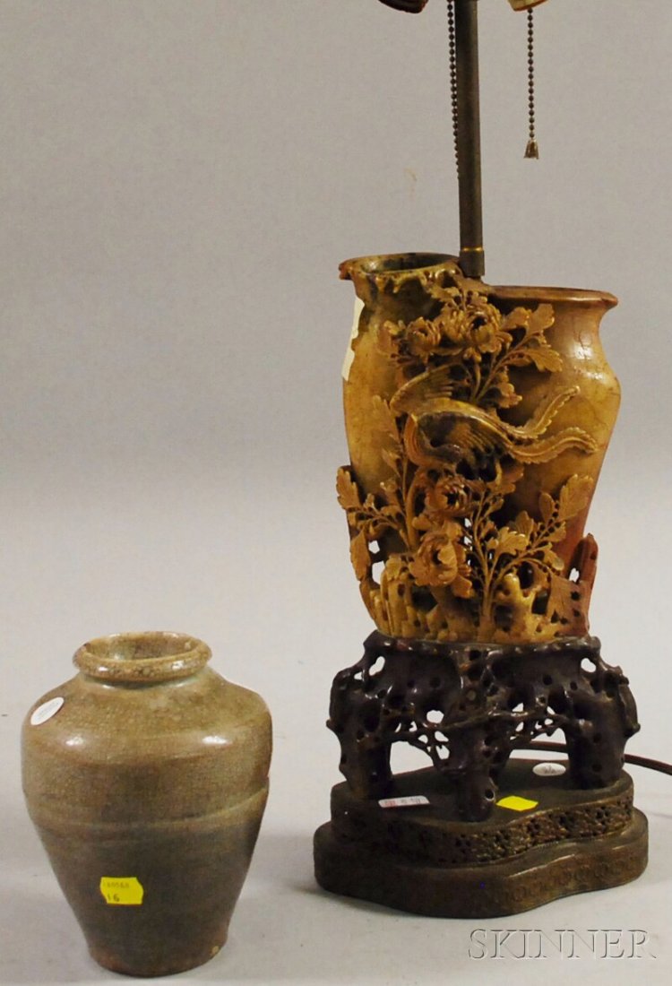 Chinese Carved Soapstone Double Vase and a Thai G: Chinese Carved Soapstone Double Vase and a Thai Glazed Stoneware Vase, the soapstone surface carved with phoenixes and peonies, (mounted as a lamp), ht. 12 and 6 1/2 in., respectively.