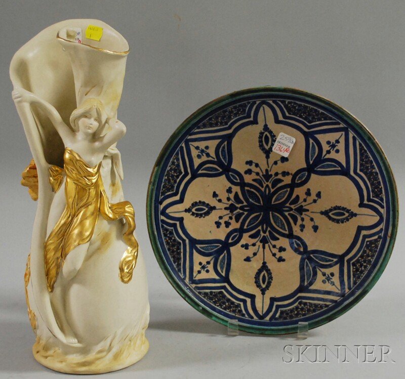 Royal Dux Art Nouveau-style Maiden and Lily Bloss: Royal Dux Art Nouveau-style Maiden and Lily Blossom Figural Vase and a Near Eastern Glazed Pottery Plaque, vase ht. 15 3/4, plaque dia. 12 1/2 in.