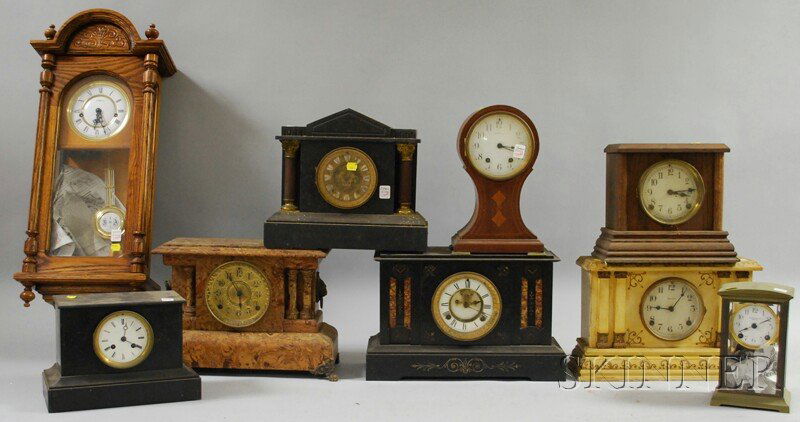 Eight Mantel Clocks and a Wall Clock, including t: Eight Mantel Clocks and a Wall Clock, including three French/Belgian slate, a wood painted Ingraham, an adamantine faux marble and a tambour Seth Thomas, an oak Sessions, and a brass and glass Ansonia