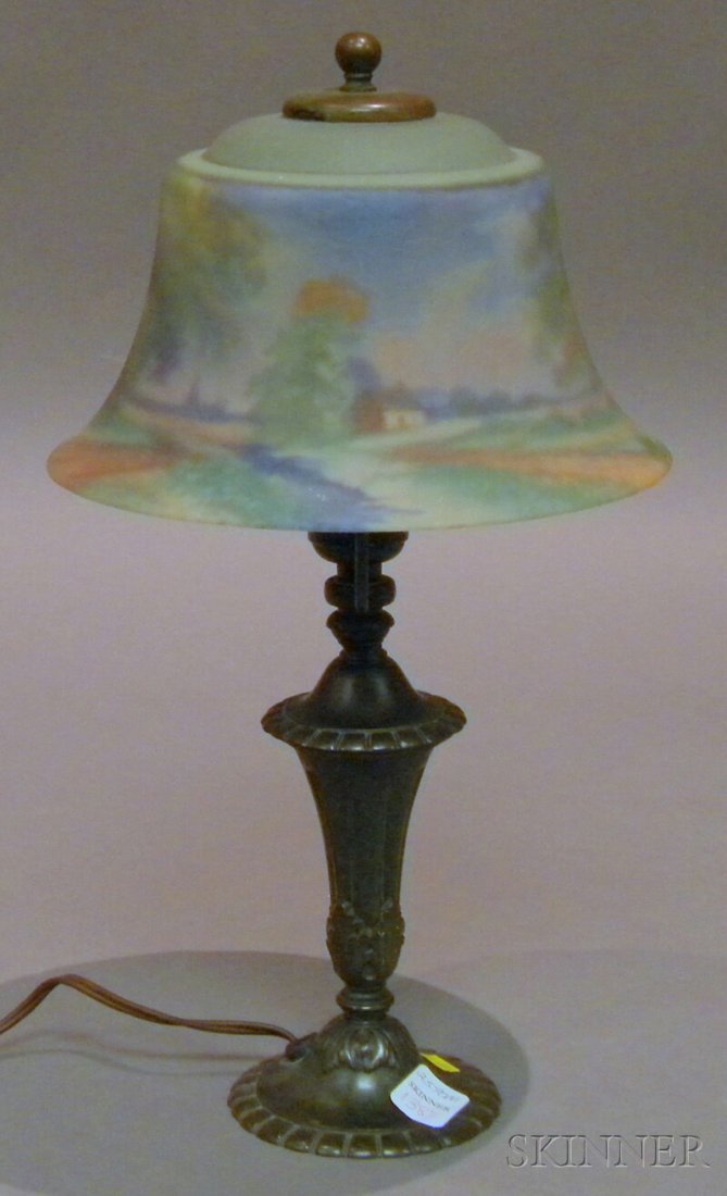 Reverse-painted Glass and Patinated Metal Boudoir: Reverse-painted Glass and Patinated Metal Boudoir Lamp, The Pairpoint Lamp Works, New Bedford, Massachusetts, early 20th century, bell-form frosted and textured glass shade, painted on the interior wi
