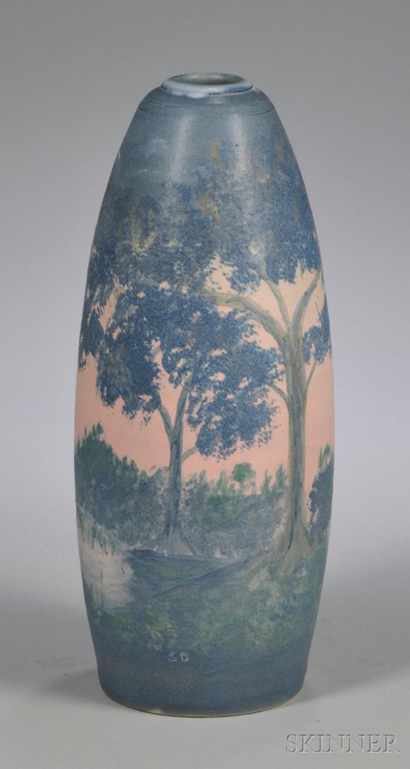 Ephraim Faience Pottery Vellum-style Landscape-de: Ephraim Faience Pottery Vellum-style Landscape-decorated Vase, impressed marks, ht. 11 7/8 in.