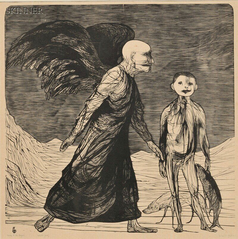 Leonard Baskin (American, 1922-2000) Tobias and the: Leonard Baskin (American, 1922-2000) Tobias and the Angel, 1958 (Fern & O'Sullivan, 367). Signed "Leonard Baskin" in pencil l.r., monogrammed within the block, titled and inscribed "...artist's proof"