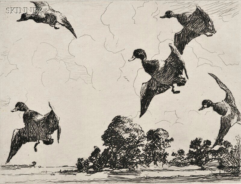 Frank Weston Benson (American, 1862-1951) Frontispi: Frank Weston Benson (American, 1862-1951) Frontispiece for Volume Three of the Catalogue (On Set Wings), 1923, edition of 535 (Paff, 223). Signed "FrankWBenson." in pencil l.l. Etching on laid paper, 