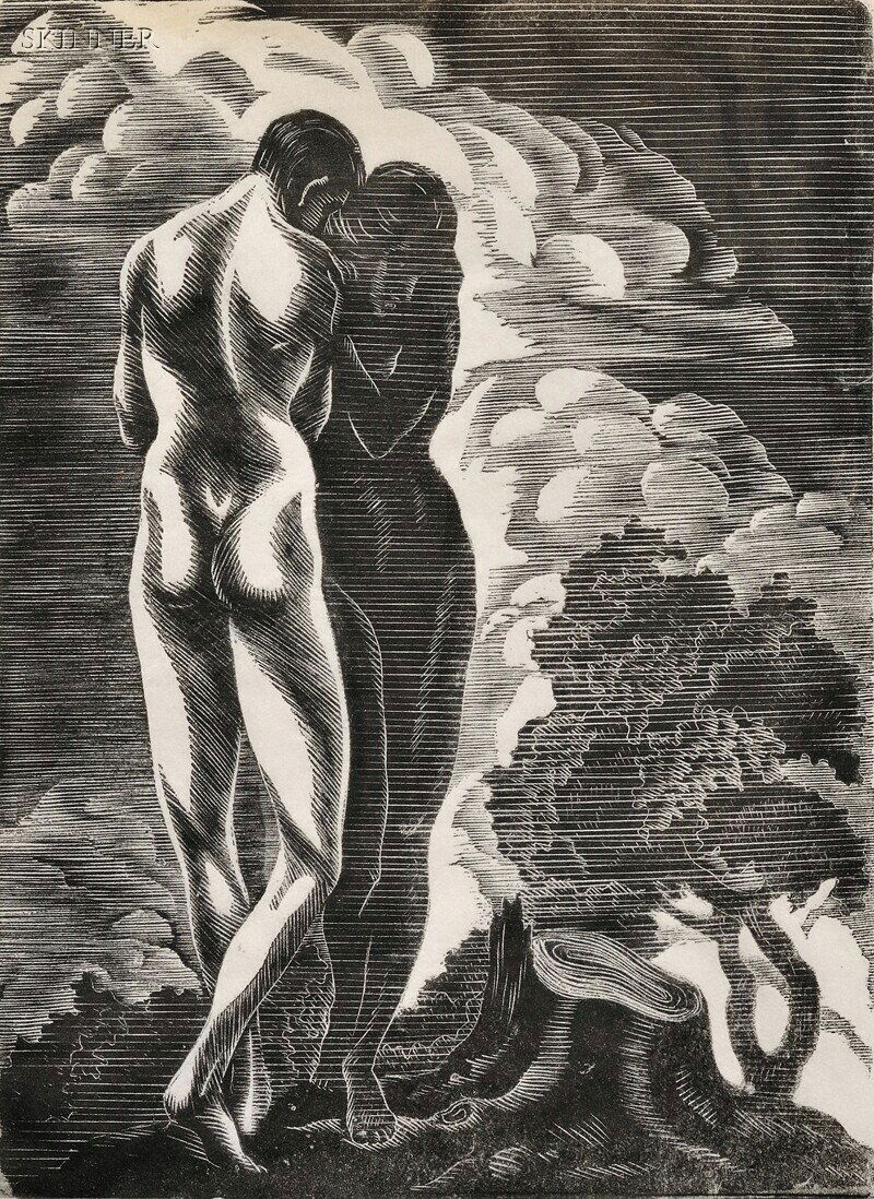 Isaac Friedländer (American, 1890-1968) Two Images: Isaac Friedländer (American, 1890-1968) Two Images of Lovers. Both signed "I. Friedländer" in pencil l.r. Wood engravings on tissue, image sizes 7 1/4 x 5 3/8 in. (18.3 x 13.5 cm), matted, unframed.