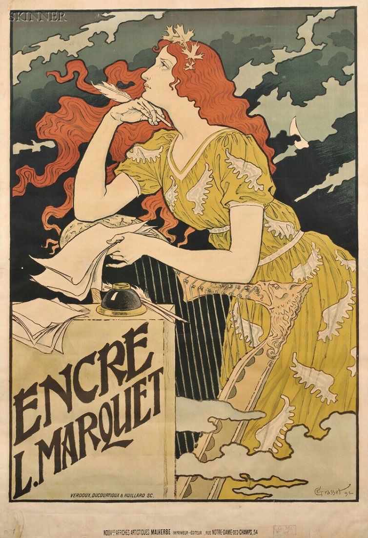 Eugène Grasset (French, 1841-1917) Encre L. Marquet: Eugène Grasset (French, 1841-1917) Encre L. Marquet, 1892. Signed, dated, and identified within the matrix. Chromolithographic poster on paper, sheet size 47 1/2 x 31 7/8 in. (120.5 x 80.8 cm), in a