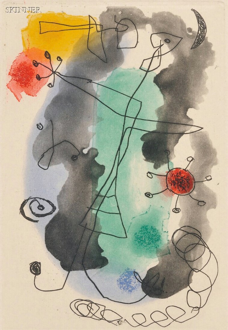 Joan Miró (Spanish, 1893-1983) Femme en colère, 195: Joan Miró (Spanish, 1893-1983) Femme en colère, 1958, edition of 75, published by Maeght éditeur, Paris (Dupin, 148). Signed "Miró" in pencil l.r., numbered "63/75" in pencil l.l. Color etching an