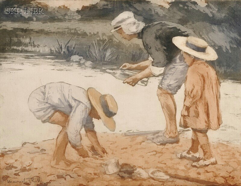 Manuel Robbe (French, 1872-1936) Combing the Shore: Manuel Robbe (French, 1872-1936) Combing the Shore. Signed "Manuel Robbe" in pencil (within the image) l.l. Color aquatint on paper, plate size 16 1/8 x 21 in. (41.0 x 53.2 cm), framed. Condition: Min