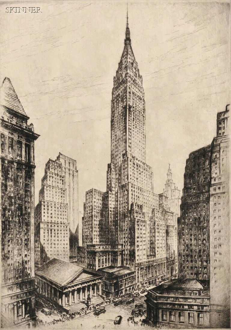 Anton Schutz (German/American, 1894-1977) Bank of: Anton Schutz (German/American, 1894-1977) Bank of Manhattan Trust Company Building. Signed "A. Schutz" in pencil l.r., dedicated "...for Robert F. Herrick...1930" in pencil l.l., identified on a label