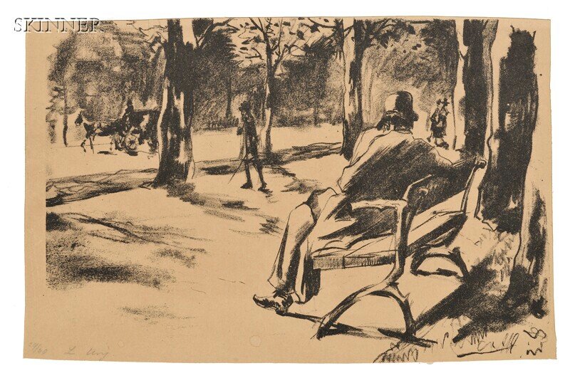 Lesser Ury (German, 1861-1931) Im Tiergarten (Lese: Lesser Ury (German, 1861-1931) Im Tiergarten (Lesender), 1922, edition of 30 (Rosenbach, 43). Numbered and signed "24/30 L. Ury" in pencil l.l. Lithograph on paper, image size 6 3/8 x 9 1/8 in. (16.3