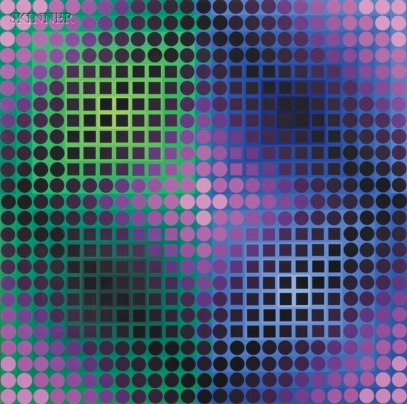 Victor Vasarely (French/Hungarian, 1906-1997) Comp: Victor Vasarely (French/Hungarian, 1906-1997) Composition in Blue, Green, and Purple from the PERMUTATIONS Series, 1968, edition of 150, published by Denise René, editeur, Paris. Sig
