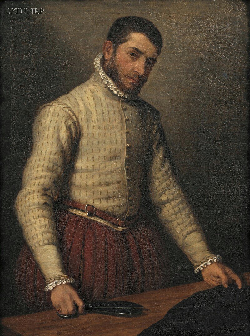 After Giovanni Battista Moroni (Italian, 1546/7-15: After Giovanni Battista Moroni (Italian, 1546/7-1578) Il Tagliapanni (The Tailor) Unsigned. Oil on canvas, 39 x 30 1/4 in. (99.0 x 76.8 cm), framed. Condition: Lined, retouch, craquelure, surface grim
