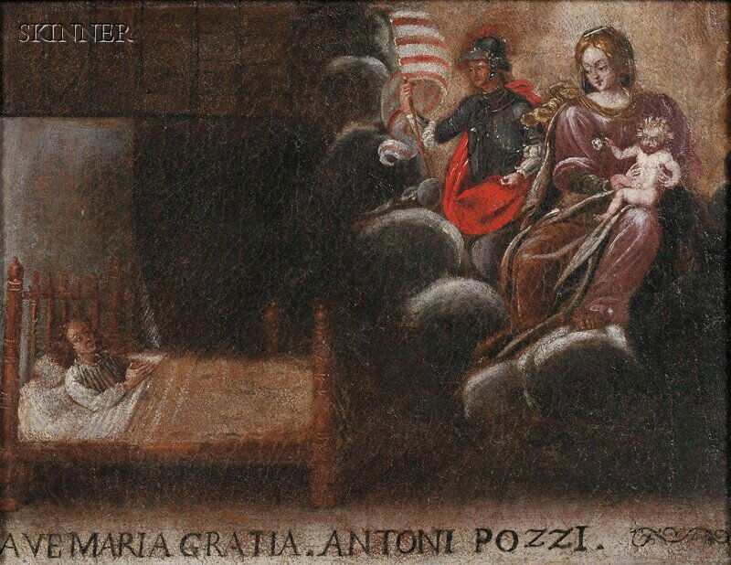 Central European School, 19th Century Ave Maria Gr: Central European School, 19th Century Ave Maria Gratia Titled and inscribed "...ANTONI POZZI" l.c. Oil on canvas, 14 1/8 x 18 1/8 in. (35.7 x 35.6 cm), framed. Condition: Lined, retouch, c