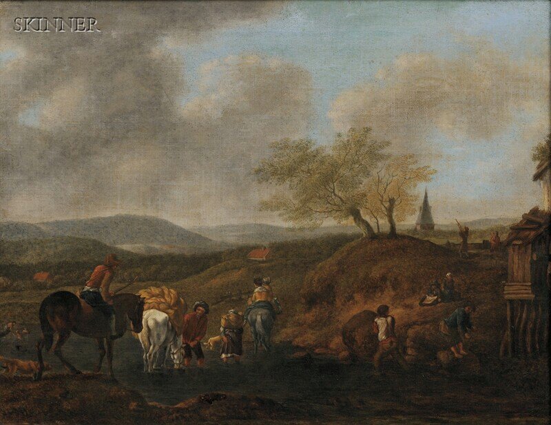School of Nicolaes Berchem (Dutch, 1620-1683) Land: School of Nicolaes Berchem (Dutch, 1620-1683) Landscape with Peasants and Travelers Fording a Stream Unsigned, with a label from St.-Anna Galerie, Zurich, on the back of the frame. Oil on canvas, 17 1