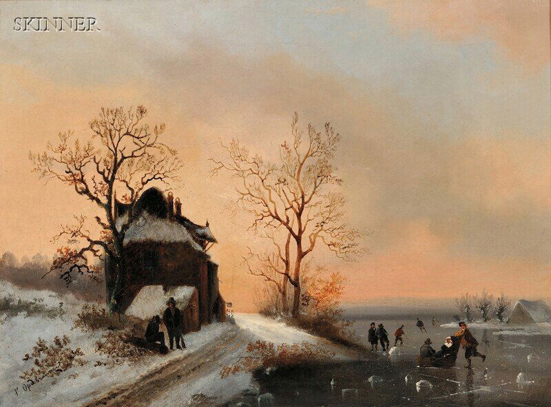 Dutch School, 19th Century Twilight Winter Landsca: Dutch School, 19th Century Twilight Winter Landscape with Skaters Signed "P Op de Brouwer" l.l. Oil on canvas, 14 x 18 3/4 in. (35.4 x 47.5 cm), framed. Condition: Canvas trimmed and lined, retouch, s