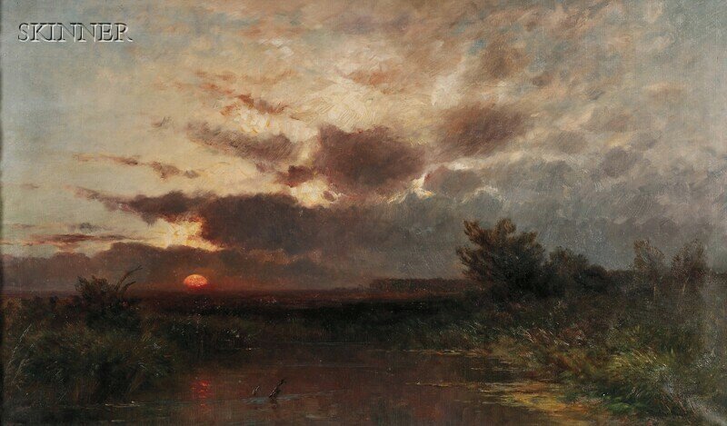 Franz Reder-Broili (German, 1854-1918) Marsh View: Franz Reder-Broili (German, 1854-1918) Marsh View at Sunset Signed "Reder Broili" l.r. Oil on canvas, 23 5/8 x 39 3/8 in. (60.0 x 100.0 cm), framed. Condition: Split to canvas in u.r. quadrant (stabil