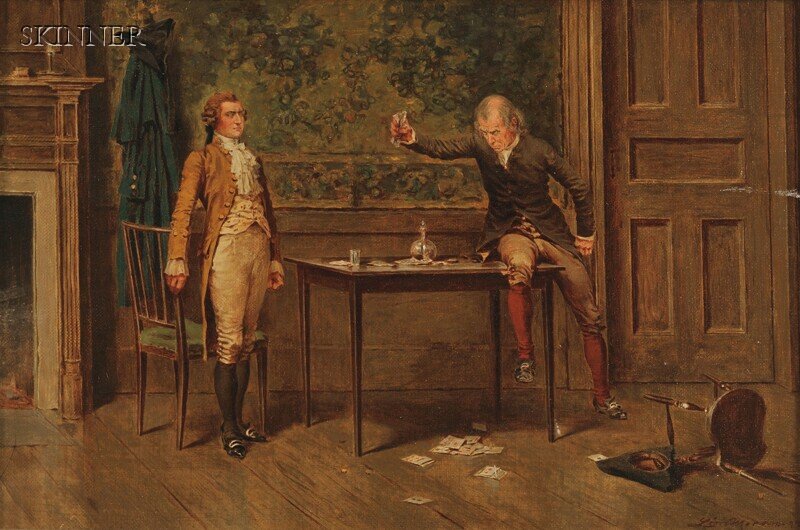 Léon Moran (American, 1864-1941) The End of the Ga: Léon Moran (American, 1864-1941) The End of the Game Signed and dated "Léon Moran '94" l.r., identified on a presentation plaque and on a label affixed to the reverse. Oil on canvas, 9 1/8