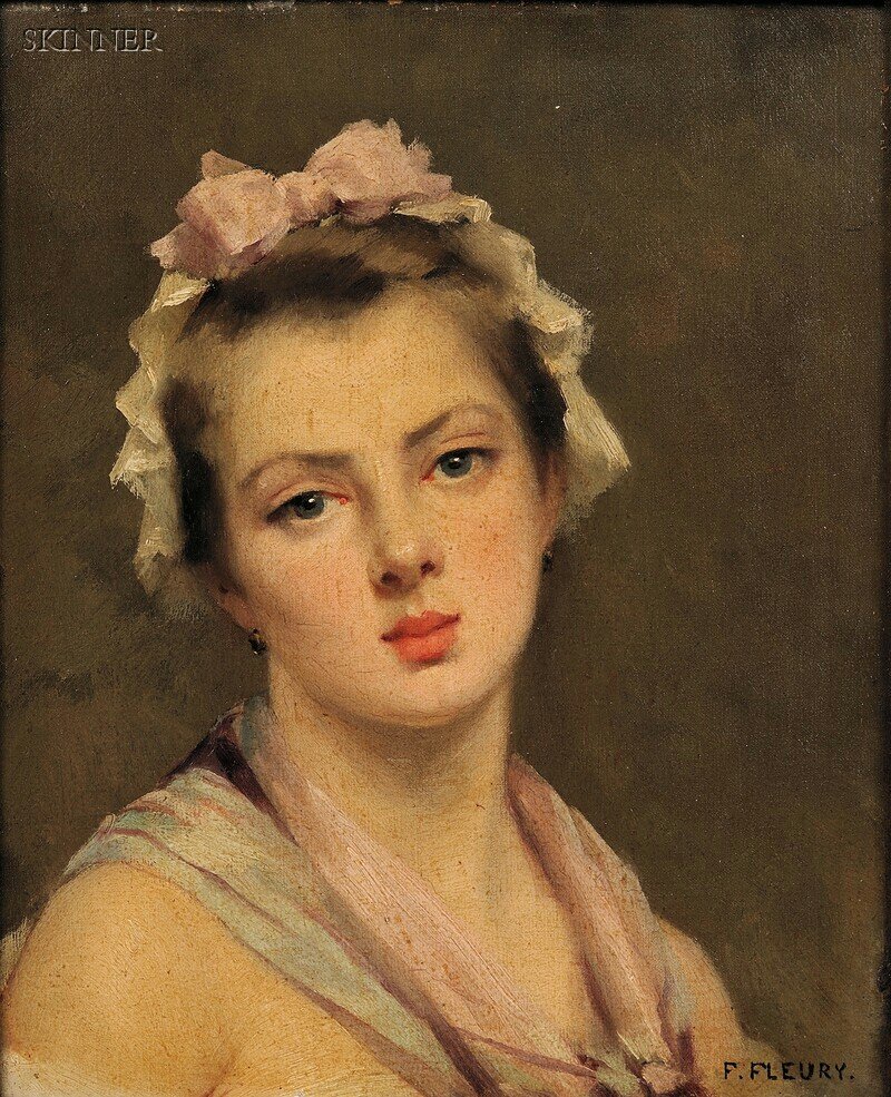 Fanny Laurent Fleury (French, 1848-1905) Head of a: Fanny Laurent Fleury (French, 1848-1905) Head of a Young Woman Signed "F. FLEURY" l.r., with a stamp from Cluzel, Paris, on the stretcher. Oil on canvas, 10 3/4 x 8 3/4 in. (27.2 x 22.2 cm), framed. C