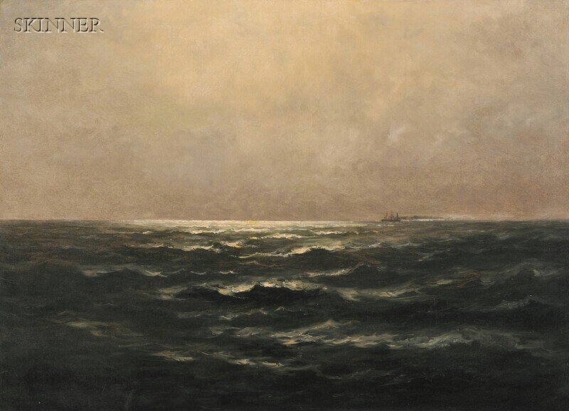 Wesley Elbridge Webber (American, 1841-1914) Moonl: Wesley Elbridge Webber (American, 1841-1914) Moonlight on the Sea Signed "Wesley Webber" l.l. Oil on canvas, 26 x 35 3/4 in. (66.2 x 91.0 cm), framed in a liner. Condition: Lined, retouch, craquelure,
