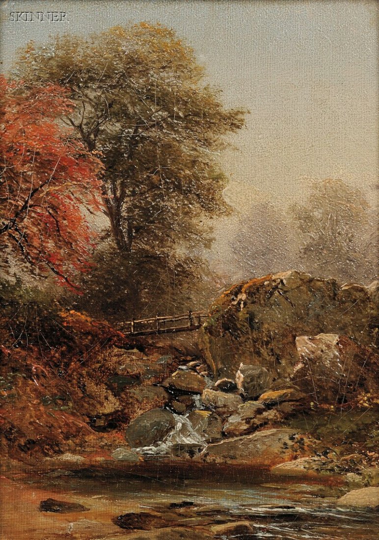 American School, 19th Century The Footbridge in Au: American School, 19th Century The Footbridge in Autumn/A Hudson River School Landscape Unsigned, with a partial label from Anderson (Chicago) on the back of the frame. Oil on canvas, 6 1/2 x 5 in. (16