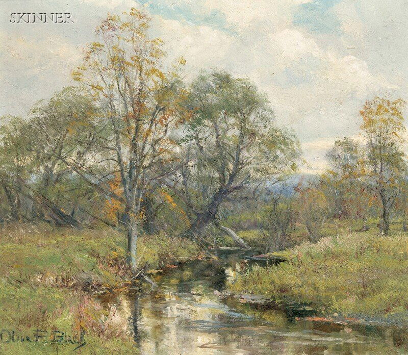 Olive Parker Black (American, 1868-1948) Summer La: Olive Parker Black (American, 1868-1948) Summer Landscape Signed "Olive P. Black" l.l. Oil on paperboard, 12 x 14 in. (30.5 x 35.6 cm), framed. Condition: Retouch to tree in u.l. quadrant, surface gri