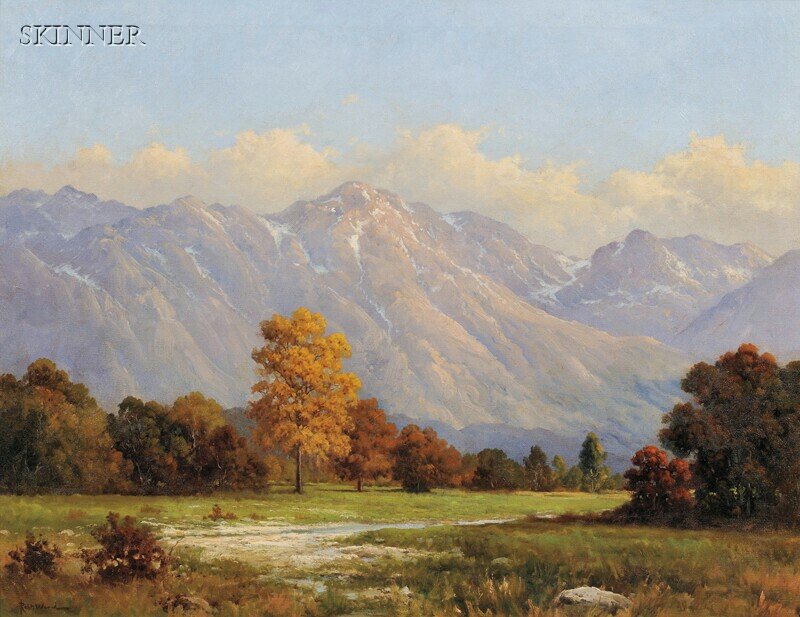 Robert William Wood (American, 1889-1979) Mountain: Robert William Wood (American, 1889-1979) Mountains Signed "Robt. Wood" l.l., titled on the stretcher. Oil on canvas, 28 x 36 1/4 in. (71.3 x 92.0 cm), framed. Condition: Minor areas of cr