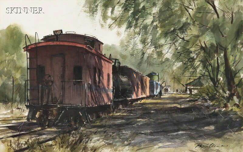 Ray G. Ellis (American, b. 1921) Rail Cars Signed: Ray G. Ellis (American, b. 1921) Rail Cars Signed "Ray G. Ellis AWS." l.r. Watercolor on paper, 18 x 28 1/2 in. (45.7 x 72.4 cm), framed. Condition: Not examined out of frame.