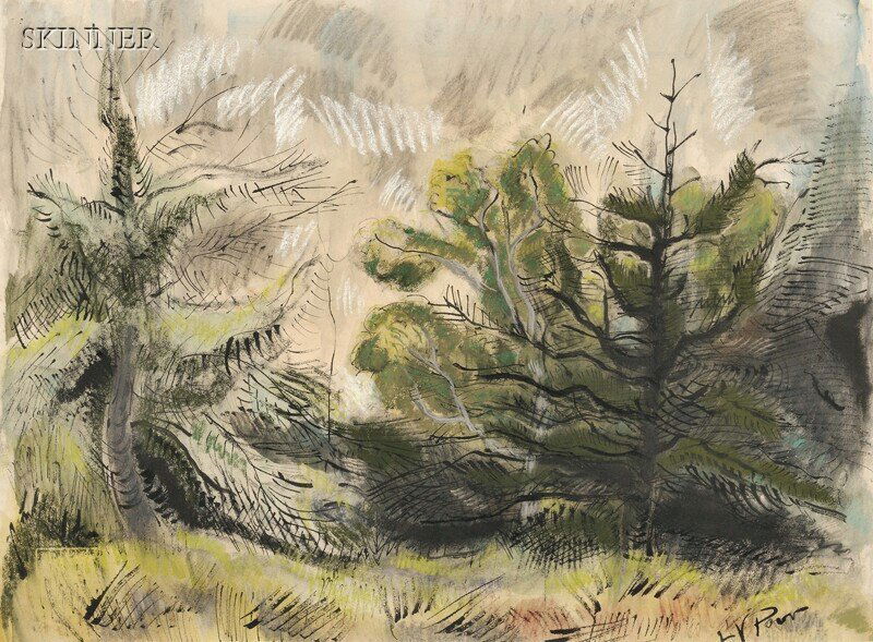 Henry Varnum Poor (American, 1888-1970) Landscape: Henry Varnum Poor (American, 1888-1970) Landscape with Larch Trees Signed "HV Poor" l.r. Mixed media (ink, watercolor, and pastel) on paper, sight size 19 x 25 in. (48.3 x 63.5 cm), framed. Condition: