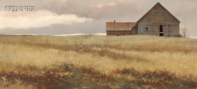 A. Hale Johnson (American, 20th/21st Century) Gray: A. Hale Johnson (American, 20th/21st Century) Gray Barn in Fall Signed "A. Hale Johnson" l.r. Oil on Masonite, 12 x 26 in. (30.5 x 66.1 cm), framed. Condition: Mild surface grime.