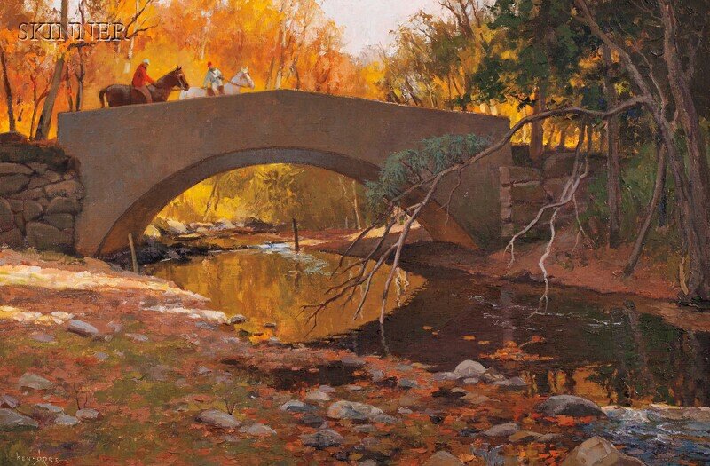 Ken Gore (American, 1911-1990) Riders on the Bridg: Ken Gore (American, 1911-1990) Riders on the Bridge Signed "KEN GORE" l.l., titled on the reverse. Oil on canvas mounted to Masonite, 24 x 36 in. (61.0 x 91.4 cm), framed. Condition: Good.