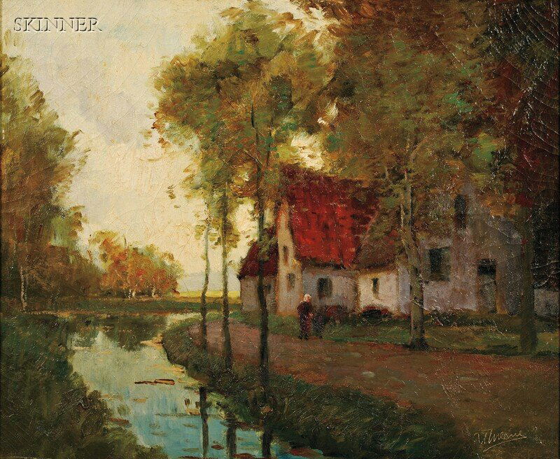Anthony Thieme (American, 1888-1954) Morning Light: Anthony Thieme (American, 1888-1954) Morning Light Along the Canal Signed "AThieme" l.r., titled and numbered indistinctly on the reverse. Oil on canvas, 25 x 30 in. (63.5 x 76.5 cm), framed.<