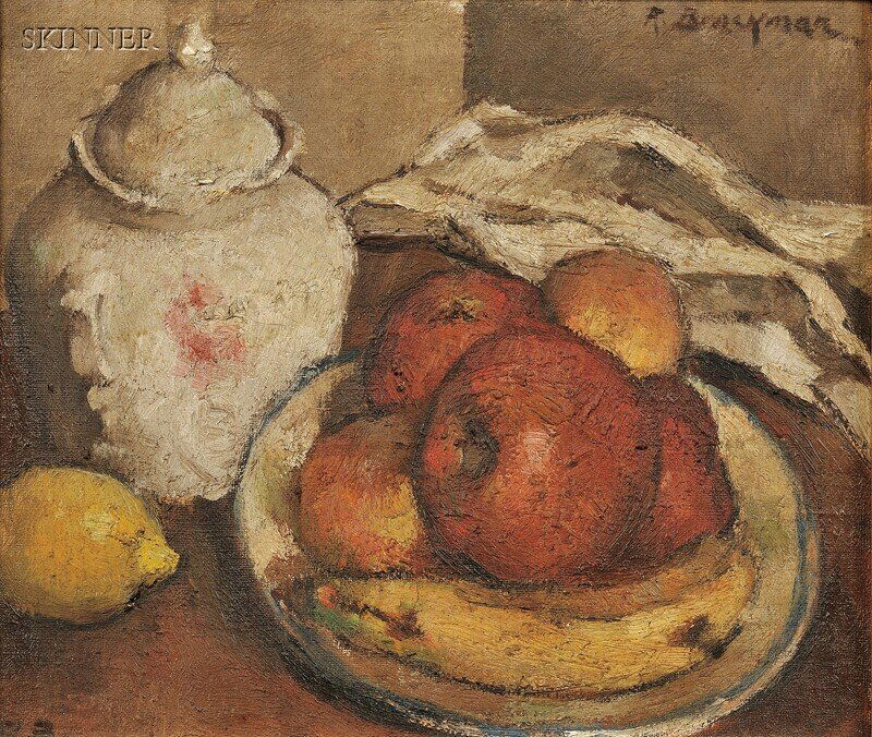 Robert Brackman (American, 1898-1980) Fruit Signed: Robert Brackman (American, 1898-1980) Fruit Signed "R. Brackman" u.r., initialed "RB" l.l., titled and signed on the reverse. Oil on canvasboard, 10 x 11 3/4 in. (25.3 x 29.8 cm), framed. C