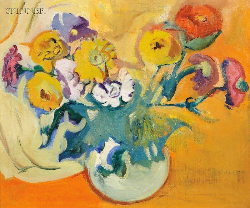 Carl Sprinchorn (American, 1887-1971) Flowers in R: Carl Sprinchorn (American, 1887-1971) Flowers in Round White Bowl Unsigned, stamped "FROM THE ESTATE OF CARL SPRINCHORN (1887-1971)" on the stretcher, titled in pen on the stretcher. Oil o