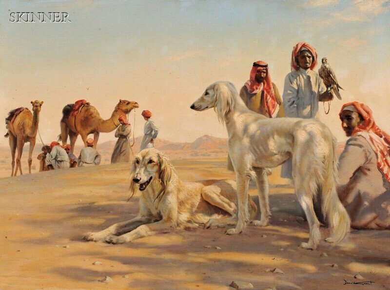 Donald Grant (British, 1930-2001) View of a Bedoui: Donald Grant (British, 1930-2001) View of a Bedouin Tribe and Two Saluki Signed "Donald Grant" l.r., identified on a presentation plaque, with a label from MacConnal-Mason and Son, Ltd., London, affix