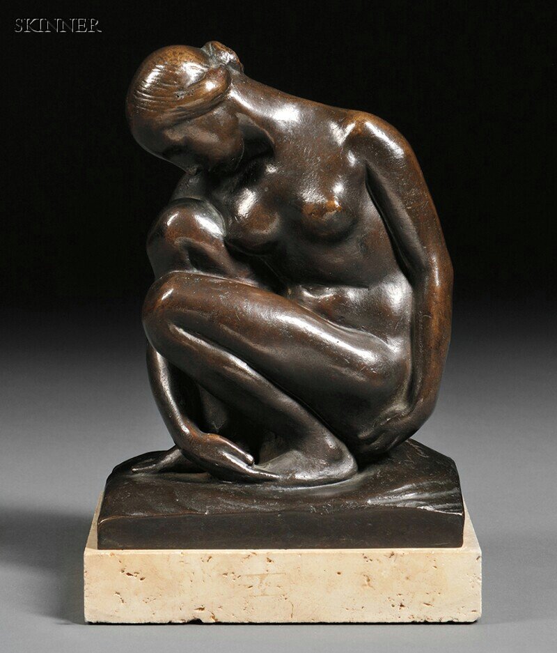 George Manuel Aarons (American, 1896-1980) Nude Si: George Manuel Aarons (American, 1896-1980) Nude Signed, dated, and numbered "George M. Aarons 1929 IV" in the cast on the base. Bronze with dark brown patina, 8 1/2 x 6 1/8 x 4 in. (21.6 x 15.6 x 10.2