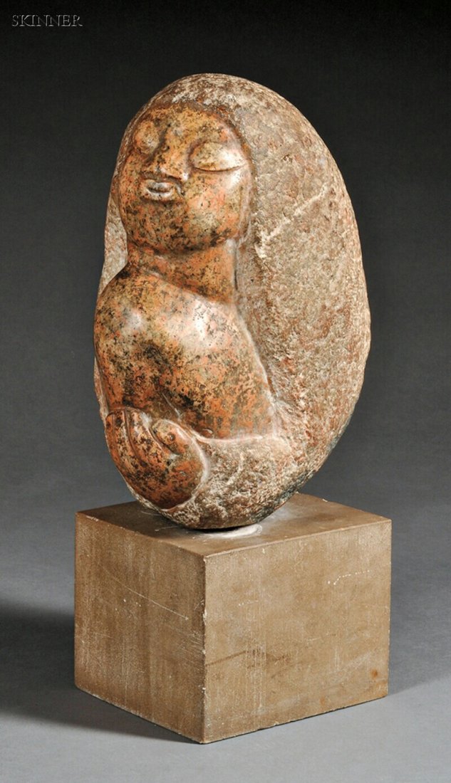 José De Creeft (Spanish, 1884-1982) Mour Unsigned.: José De Creeft (Spanish, 1884-1982) Mour Unsigned. Pink granite, approximately 15 x 9 1/2 x 7 in. (38.1 x 24.1 x 17.8 cm), set upon a stone plinth. Condition: Minor surface grime and abrasi