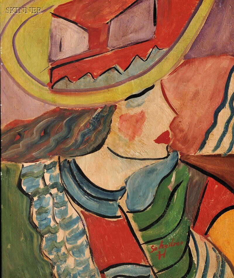 Hugó Scheiber (Hungarian, 1873-1950) Head of a Wom: Hugó Scheiber (Hungarian, 1873-1950) Head of a Woman Signed "Scheiber/H" l.r. Oil on paperboard, 23 1/2 x 19 5/8 in. (59.8 x 49.9 cm), framed. Condition: Surface imperfections and grime, frame abrasi