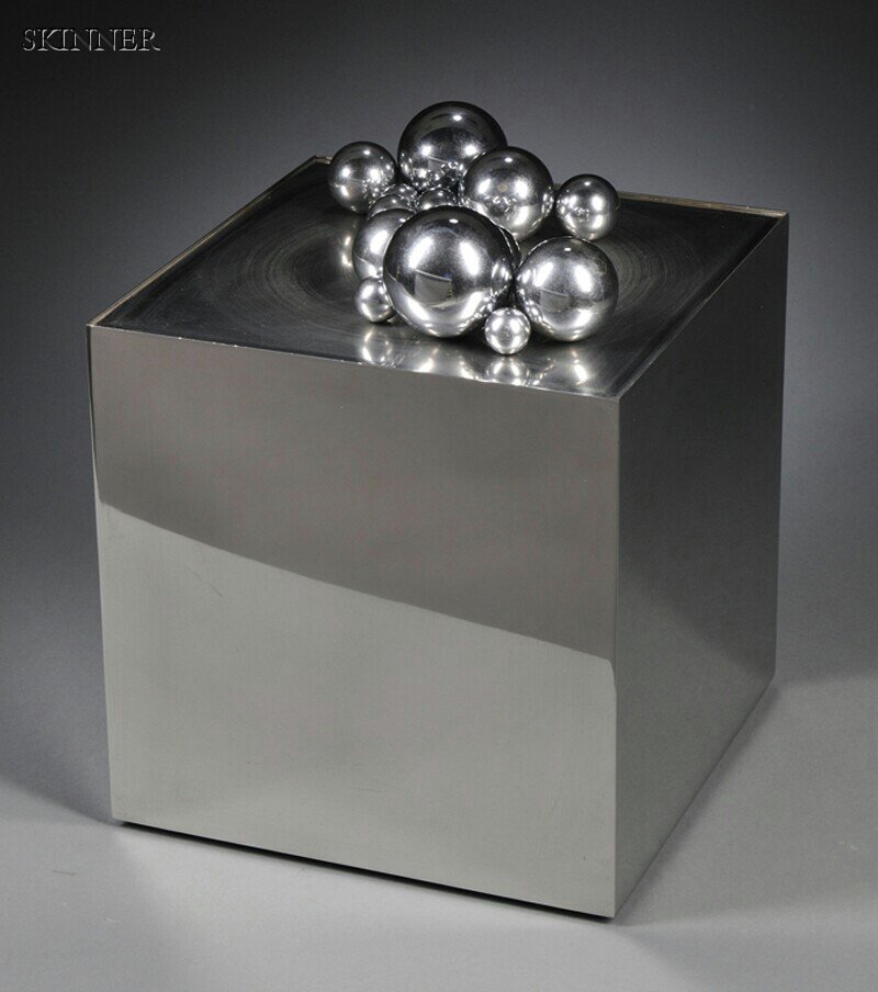 Pol Bury (Belgian, 1922-2005) 15 billes d'acier su: Pol Bury (Belgian, 1922-2005) 15 billes d'acier sur un cube Titled, numbered, and signed "...2/8 Pol Bury" engraved beneath the cube. Graduated stainless steel balls, chromed steel cube, elect