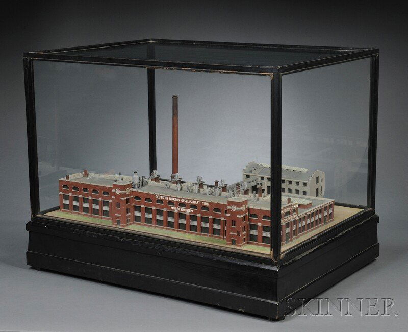 Model of Norton Company, Germany, wood model built: Model of Norton Company, Germany, wood model built by Peter Koch Modell Werks, depicting the Norton factory plant buildings in Germany, side of building marked Deutsche Norton, GES.M.B.H., Norton Sch