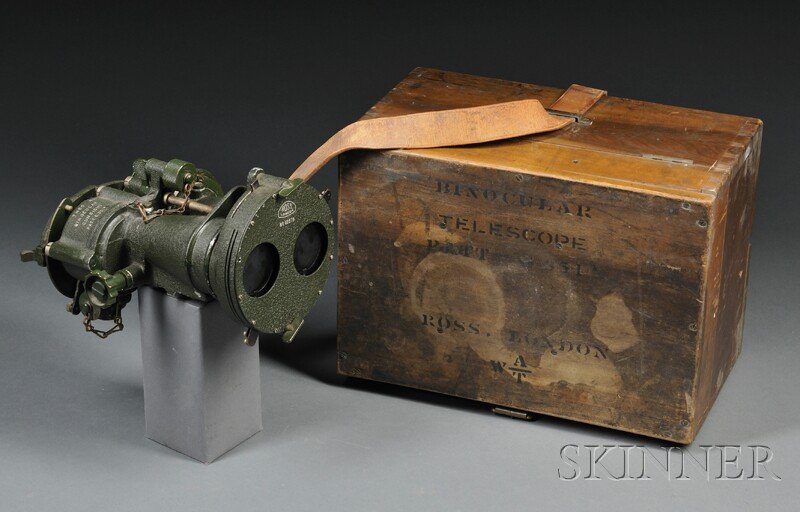 Ross 7 x 50 Binocular Gun Sight, London, England,: Ross 7 x 50 Binocular Gun Sight, London, England, c. 1940, green painted body with engraved markings Ross, London No. 1125379 on lens body, three filters and original eyecups, housed in the original m