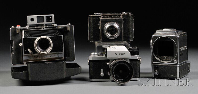 Group of Four Film Cameras, including a Nikkon F: Group of Four Film Cameras, including a Nikkon F Photomic Tn, with Vivitar 24mm F2 lens; a body only Hasselblad 500 EL; a Reflex-Korelle, with Xenar 75mm F3.5 lens; and a Polaroid 180, with Tominon 11