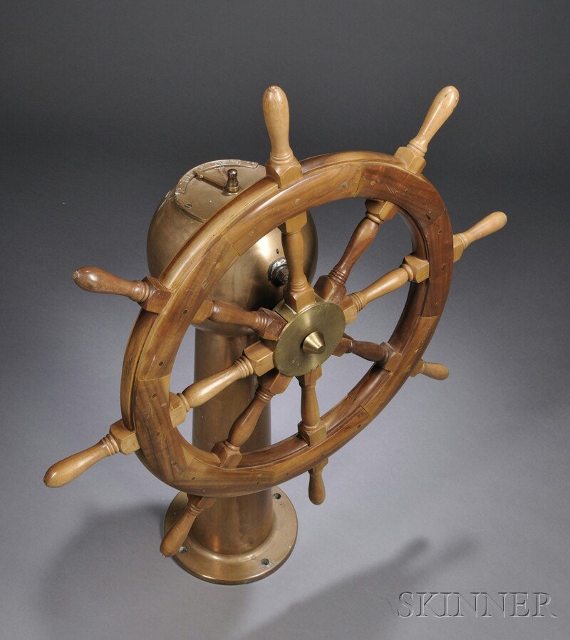 Teak and Brass Helm, 20th century, segmented and t: Teak and Brass Helm, 20th century, segmented and turned eight spoke teak wheel, brass center hub attaching to a bronze rudder indicator, 24-in. tapered column ending in a circular flange with four bol