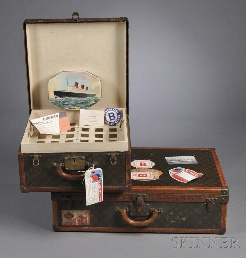 Two Louis Vuitton Trunks and Queen Mary Memorabili: Two Louis Vuitton Trunks and Queen Mary Memorabilia, Paris, and London, a large trunk with maker's tag stating Louise Vuitton, Paris, London, 802841, fabric interior, leather trim and brass fixtures m